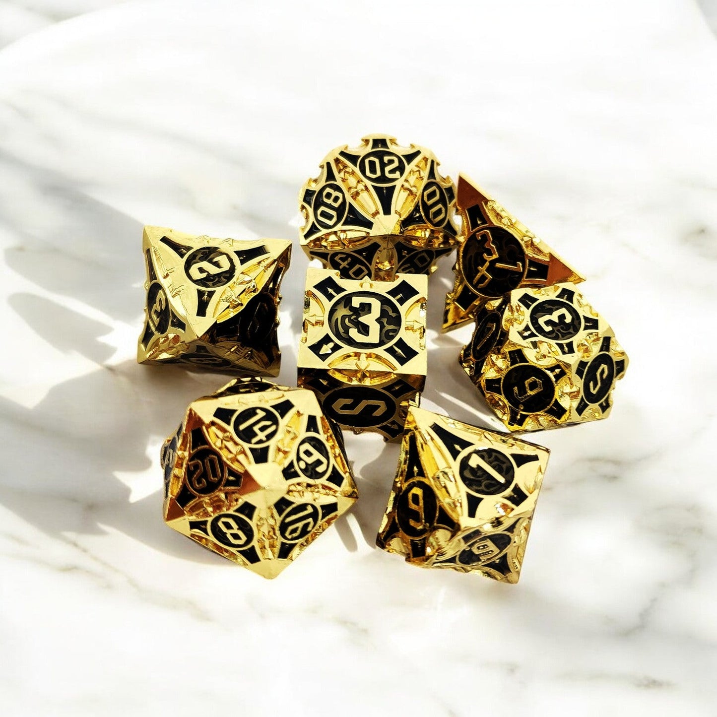 Golden Obelisk Black Gold Metal Dice Set | DnD Tabletop Dice