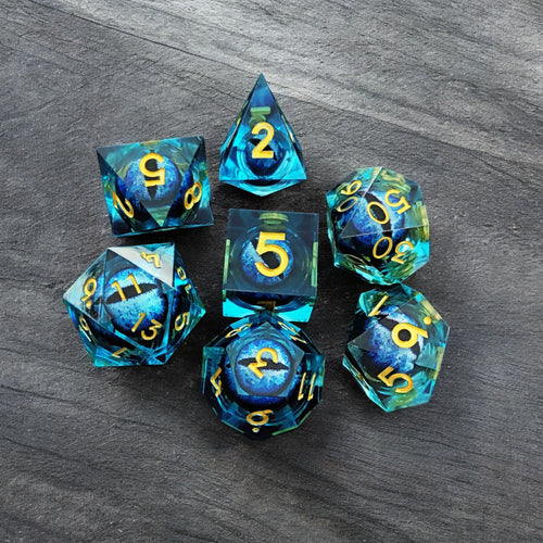 Premium Blue Cosmic Rift Dragon Eye Liquid Core Dice Set for D&D Tabletop Games