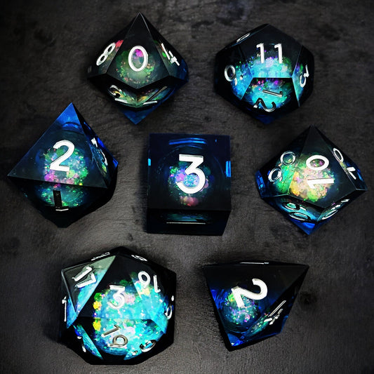 Black Blue Opal Star Resin Dice Set with Liquid Core for Dungeons & Dragons