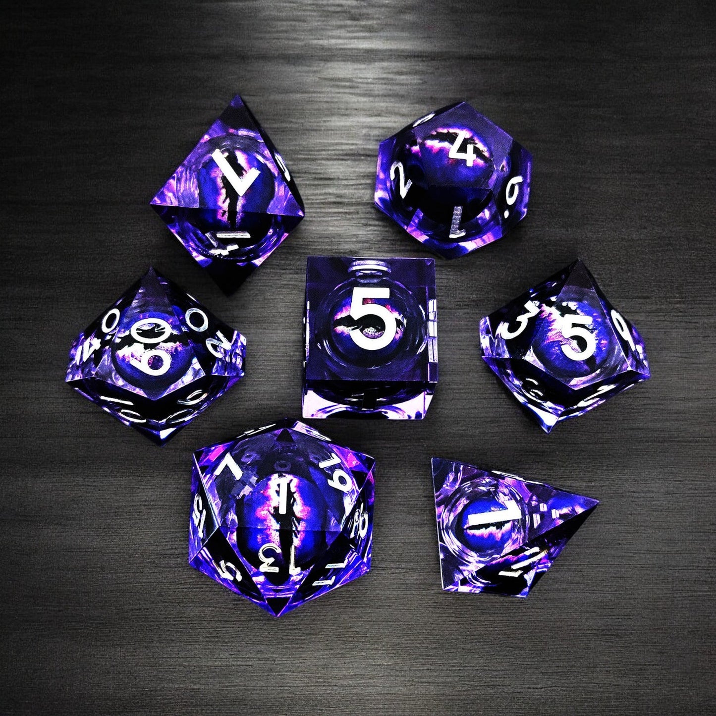 Purple Arcane Pulse Dragon Eye Liquid Core Resin D&D Dice Set, Polyhedral Dice for DnD Tabletop RPG