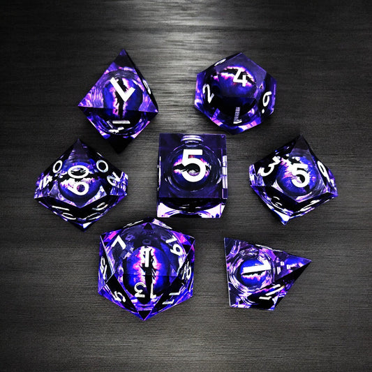 Purple Arcane Pulse Dragon Eye Liquid Core Resin D&D Dice Set, Polyhedral Dice for DnD Tabletop RPG
