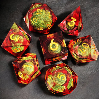 Liquid Core Resin D&D Dice | Red Green Radiant Jewel Design