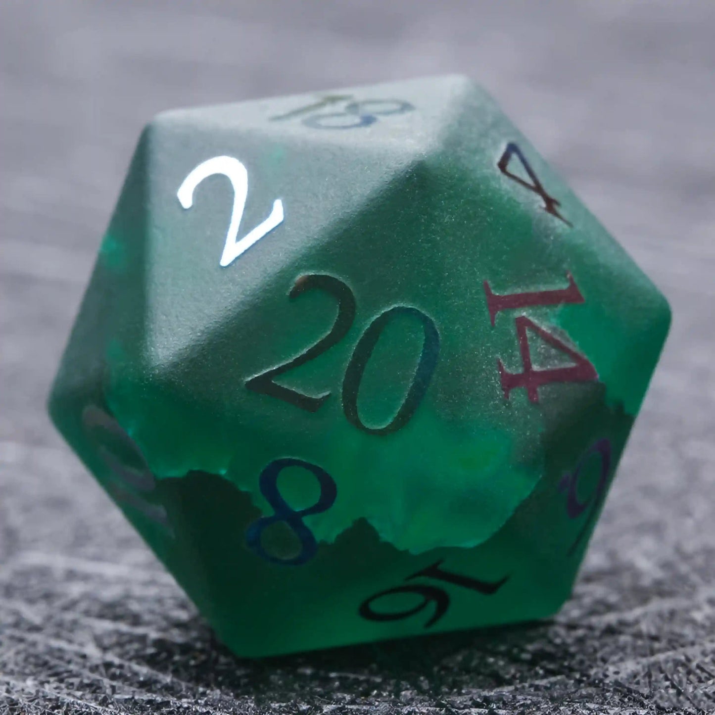 Green Glass Frosted Gem DND Dice Set with Colored Fonts