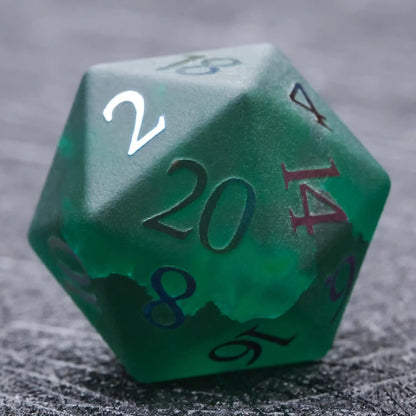 Green Glass Frosted Gem DND Dice Set with Colored Fonts