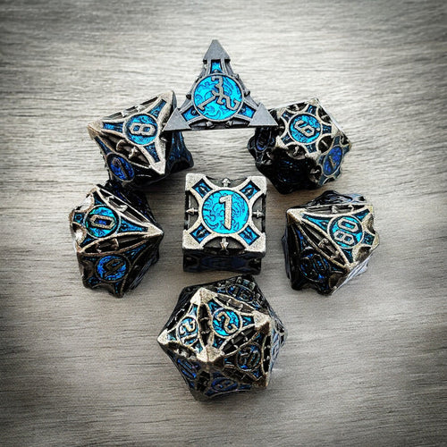 Azure Sigil Silver Black & Blue Metal Dice Set | DnD Gaming Dice