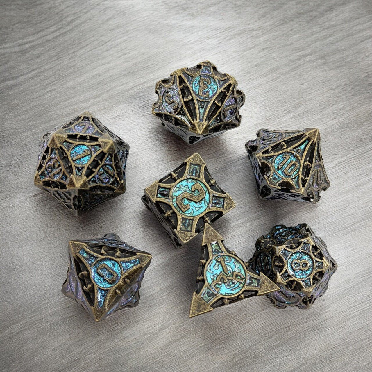 Forest Wrought Bronze & Turquoise Metal Dice Set | DnD Gaming Dice