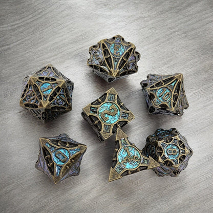 Forest Wrought Bronze & Turquoise Metal Dice Set | DnD Gaming Dice