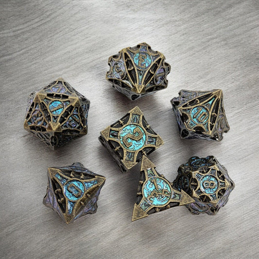 Forest Wrought Bronze & Turquoise Metal Dice Set | DnD Gaming Dice