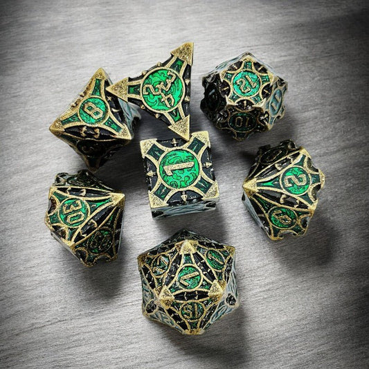 Shadow Grove Black Gold & Green Metal Dice Set | DnD Tabletop Dice