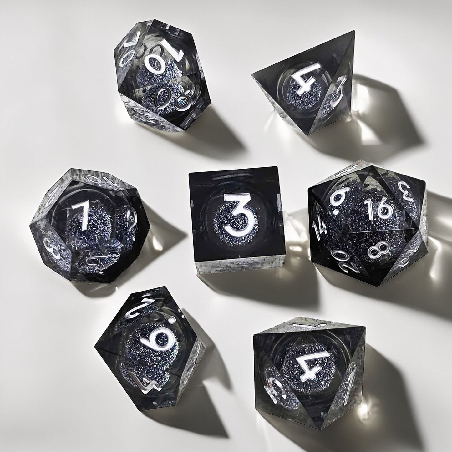 Crystal Night Black Liquid Core Resin D&D Dice Set, Handmade Polyhedral RPG Dice