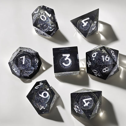 Crystal Night Black Liquid Core Resin D&D Dice Set, Handmade Polyhedral RPG Dice
