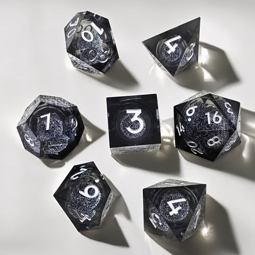 Crystal Night Black Liquid Core Resin D&D Dice Set, Handmade Polyhedral RPG Dice