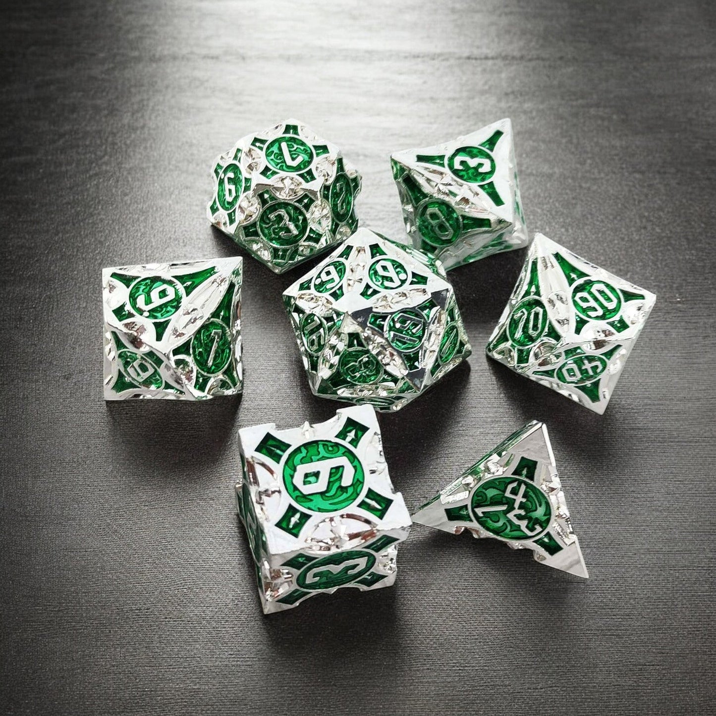 Silver Green Emerald Core Hollow Metal Dice Set for DnD D&D