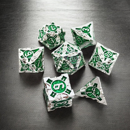 Silver Green Emerald Core Hollow Metal Dice Set for DnD D&D