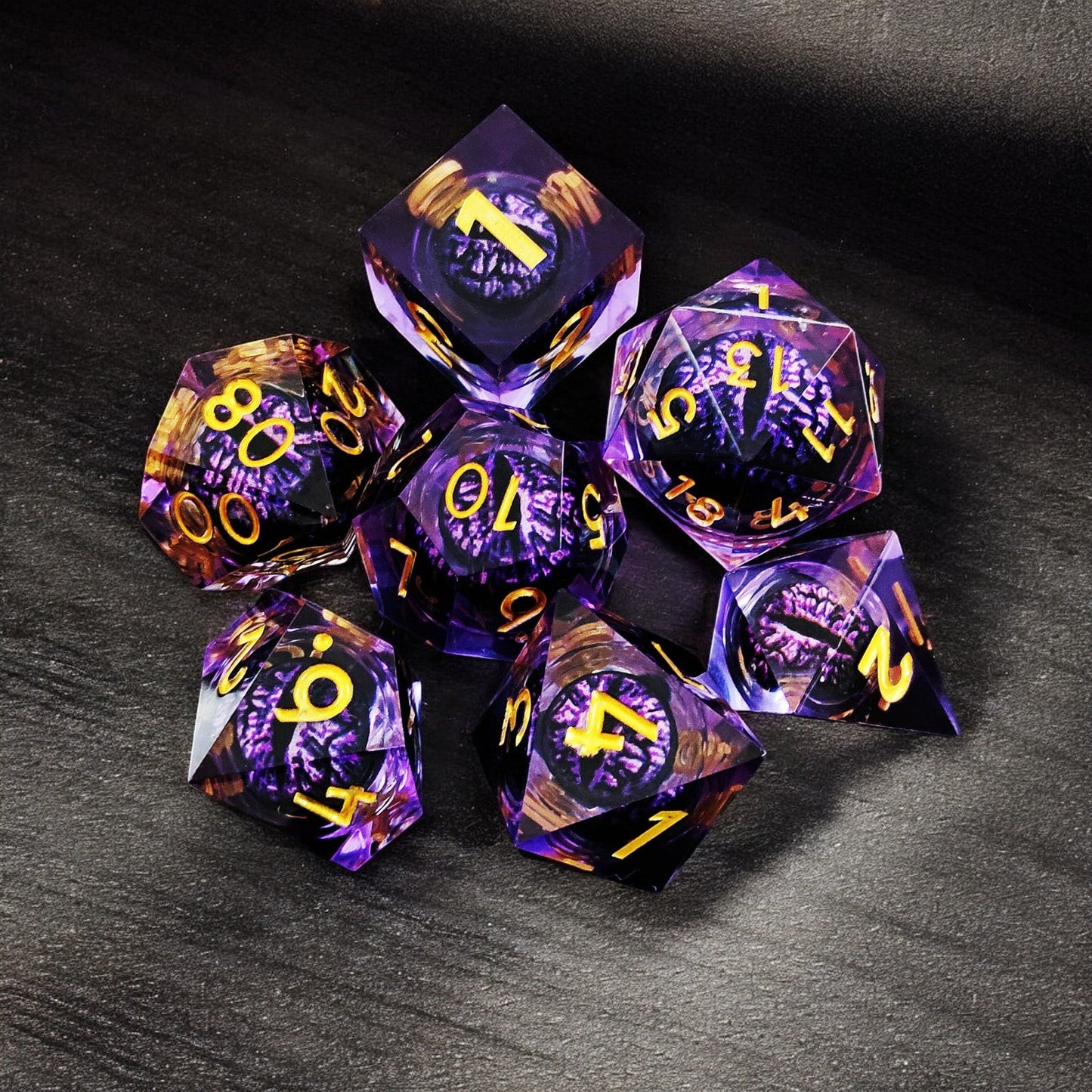 Dragon Eye Liquid Core Resin Dice Set | Golden Purple Arcane Twilight D&D