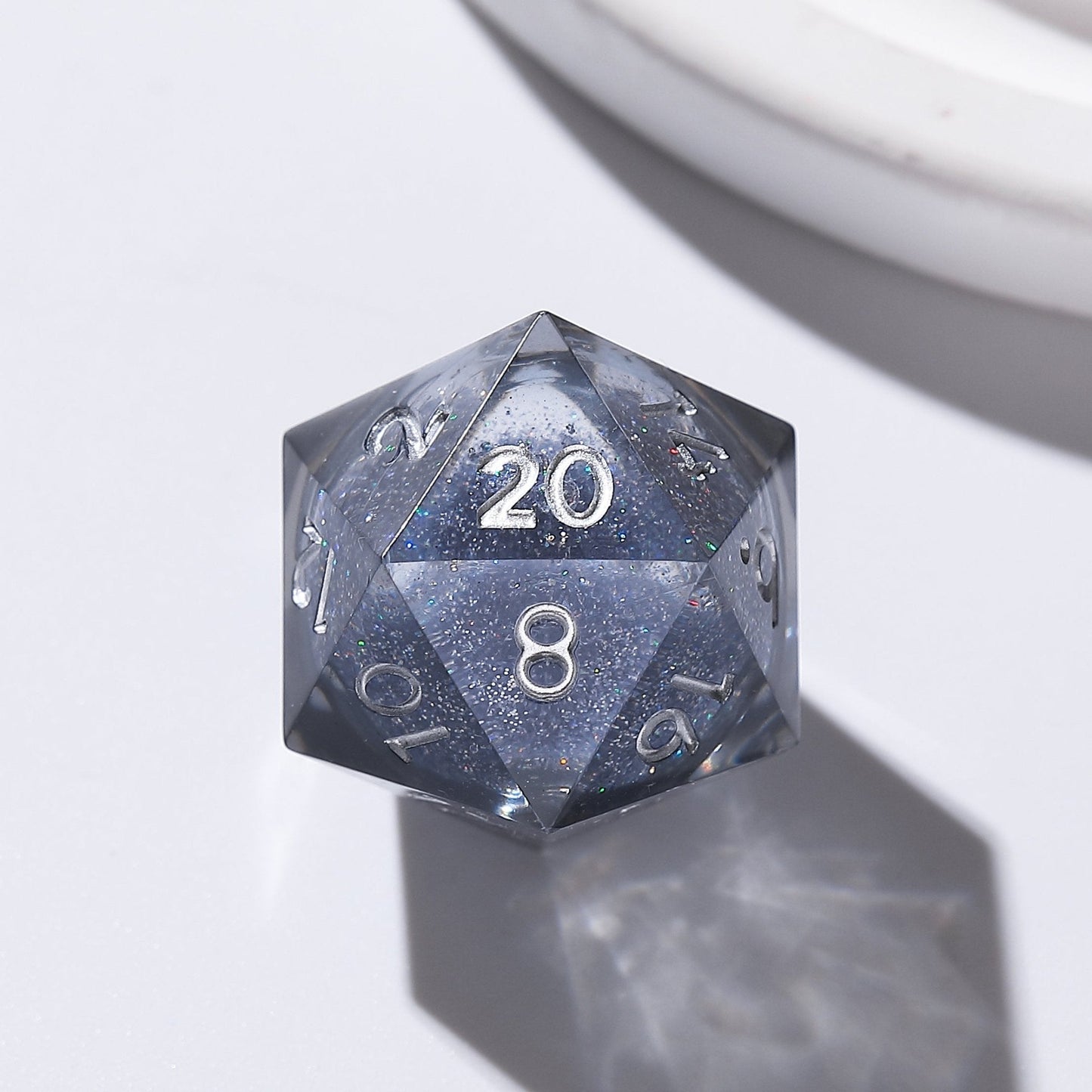 Liquid Core Resin D&D Dice | Cosmic Eclipse Gray-Silver Glitter Dice Set