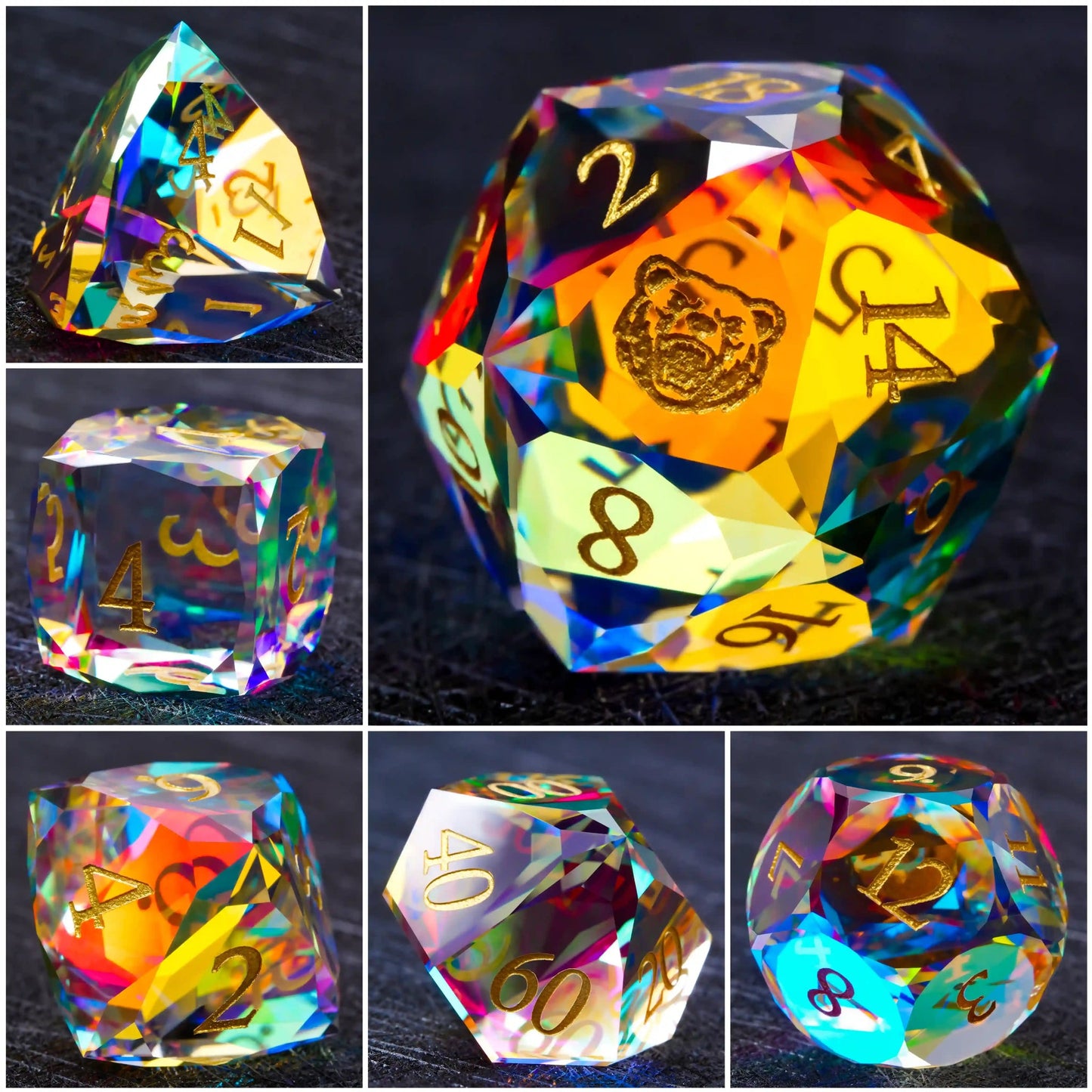 Ember Dice Faceted Prism DND Glass Dice Set with Gold Font