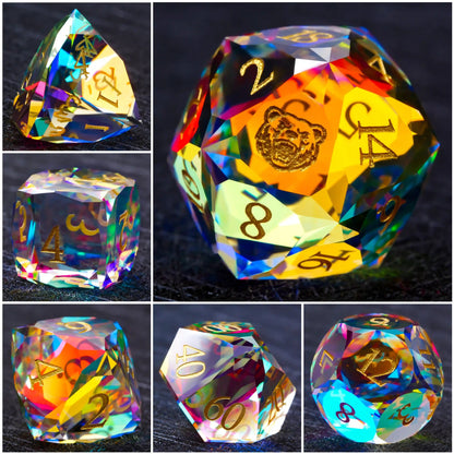 Ember Dice Faceted Prism DND Glass Dice Set with Gold Font