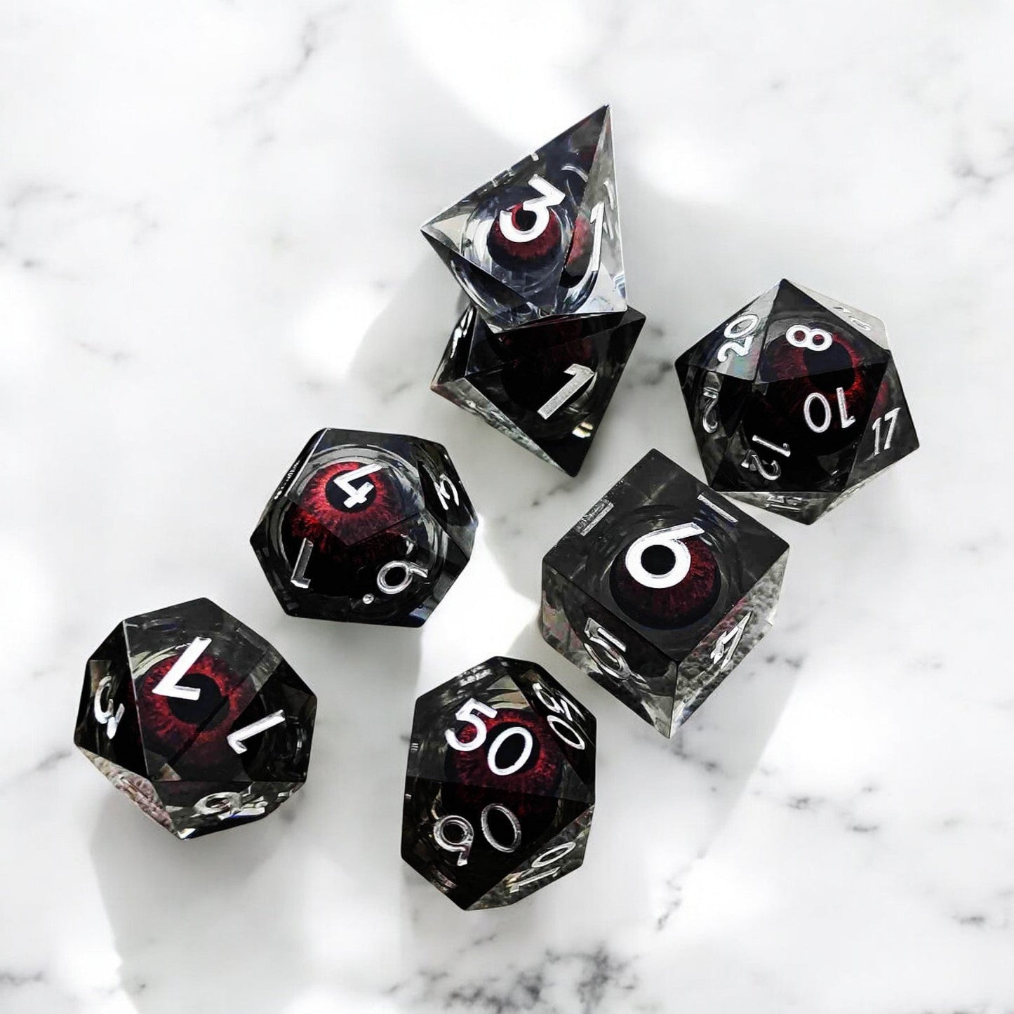 Black Red Infernal Pupil Dragon Eye Liquid Core Resin Dice for D&D Tabletop Games