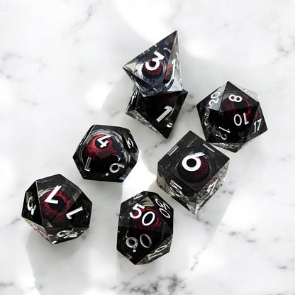 Black Red Infernal Pupil Dragon Eye Liquid Core Resin Dice for D&D Tabletop Games