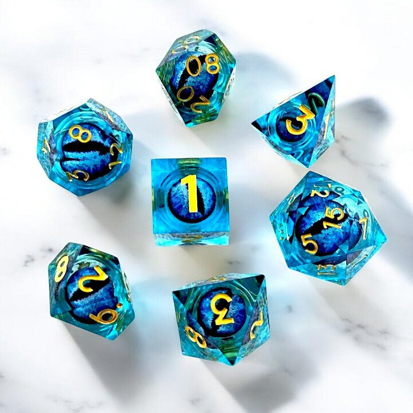 Premium Blue Cosmic Rift Dragon Eye Liquid Core Dice Set for D&D Tabletop Games