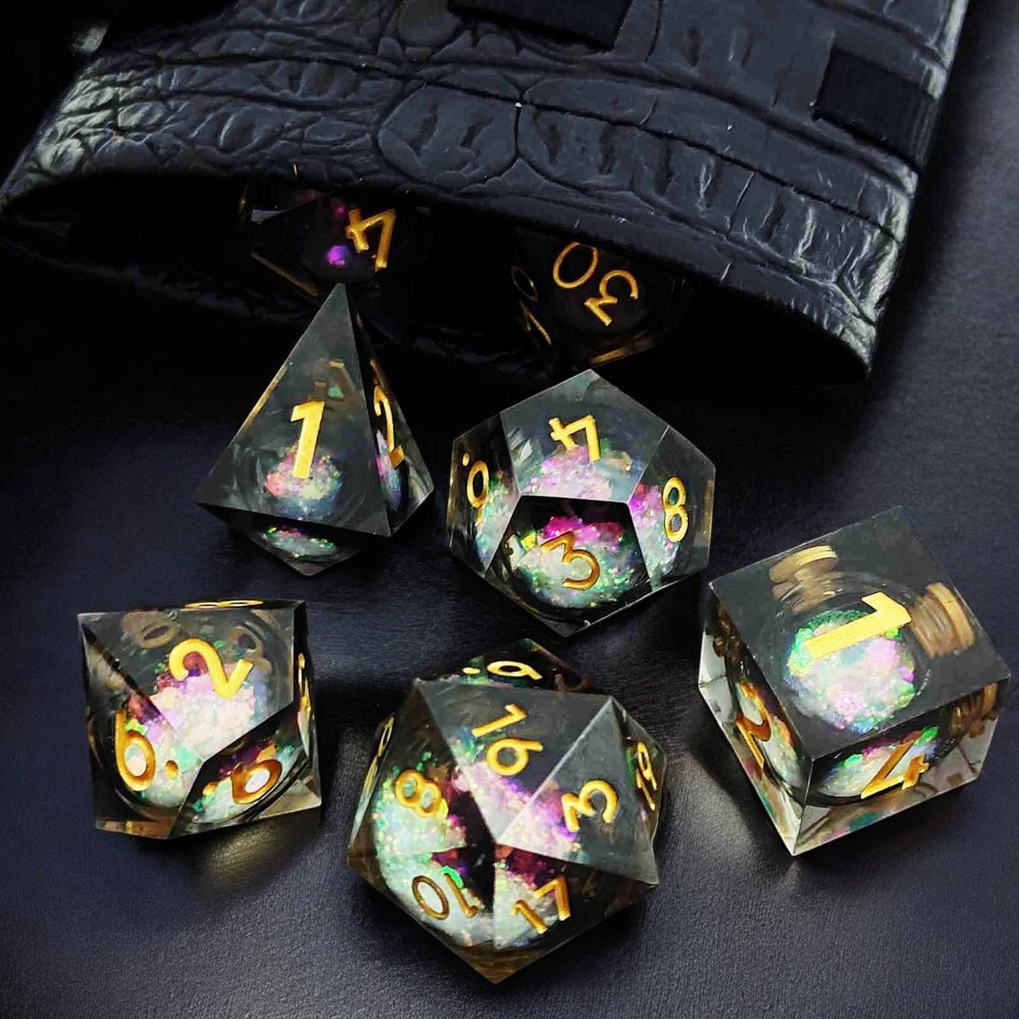 Premium Black Cosmic Radiance Liquid Core Resin Dice Set for Dungeons & Dragons Tabletop RPG Games