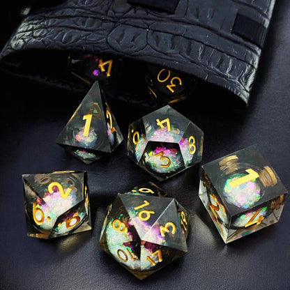 Premium Black Cosmic Radiance Liquid Core Resin Dice Set for Dungeons & Dragons Tabletop RPG Games