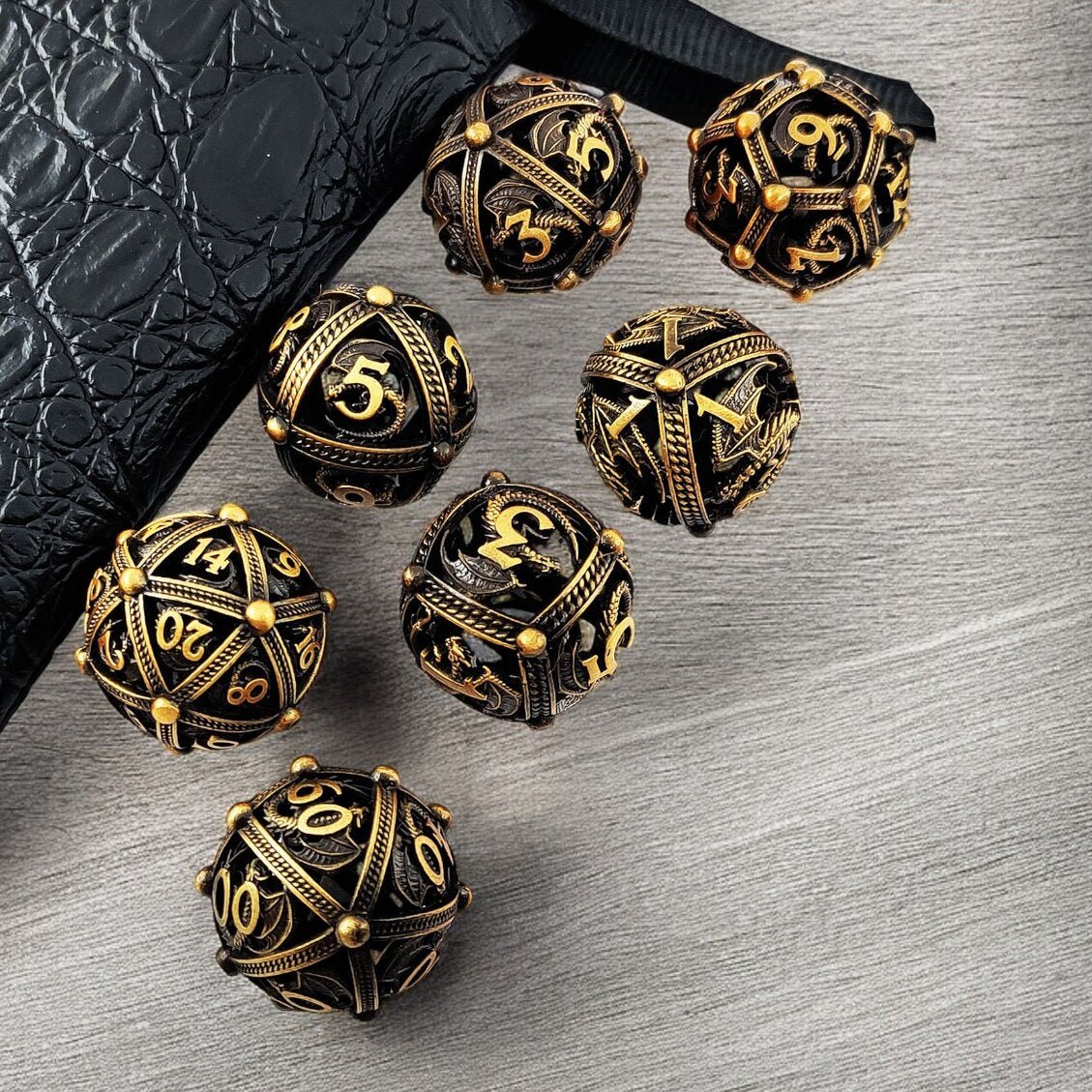 Black Gold Hollow Golden Aegis Metal Dice Set for Tabletop RPG & DnD