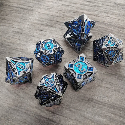 Azure Sigil Silver Black & Blue Metal Dice Set | DnD Gaming Dice