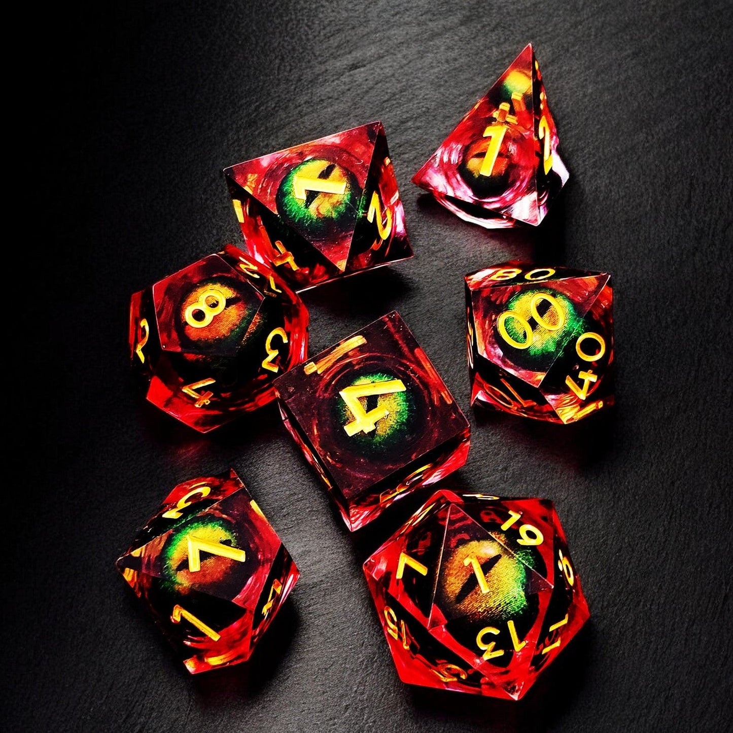 Golden Flame Dragon Eye Dice, Liquid Core Resin D&D Tabletop Dice Set