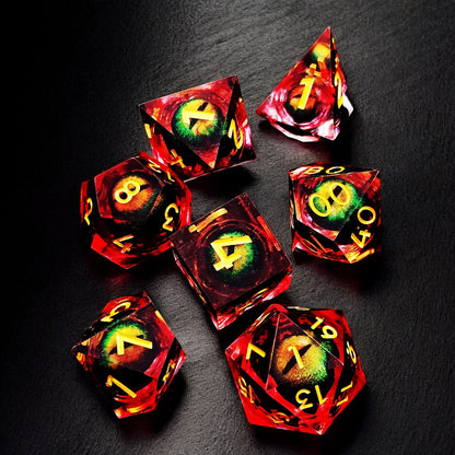 Golden Flame Dragon Eye Dice, Liquid Core Resin D&D Tabletop Dice Set