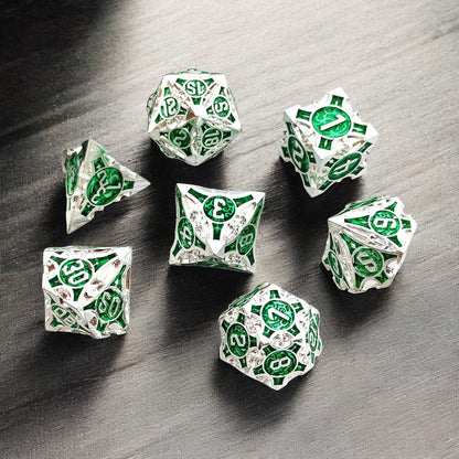 Silver Green Emerald Core Hollow Metal Dice Set for DnD D&D