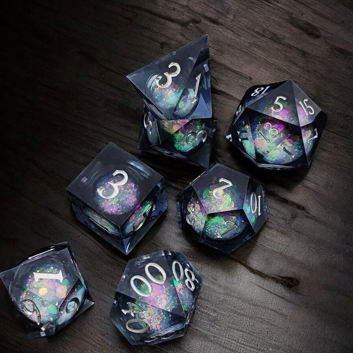 Black Aurora Liquid Core Resin Dice Set – Sphere Design for Tabletop Gaming