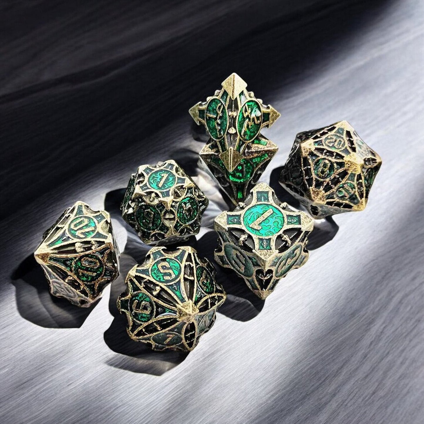Shadow Grove Black Gold & Green Metal Dice Set | DnD Tabletop Dice