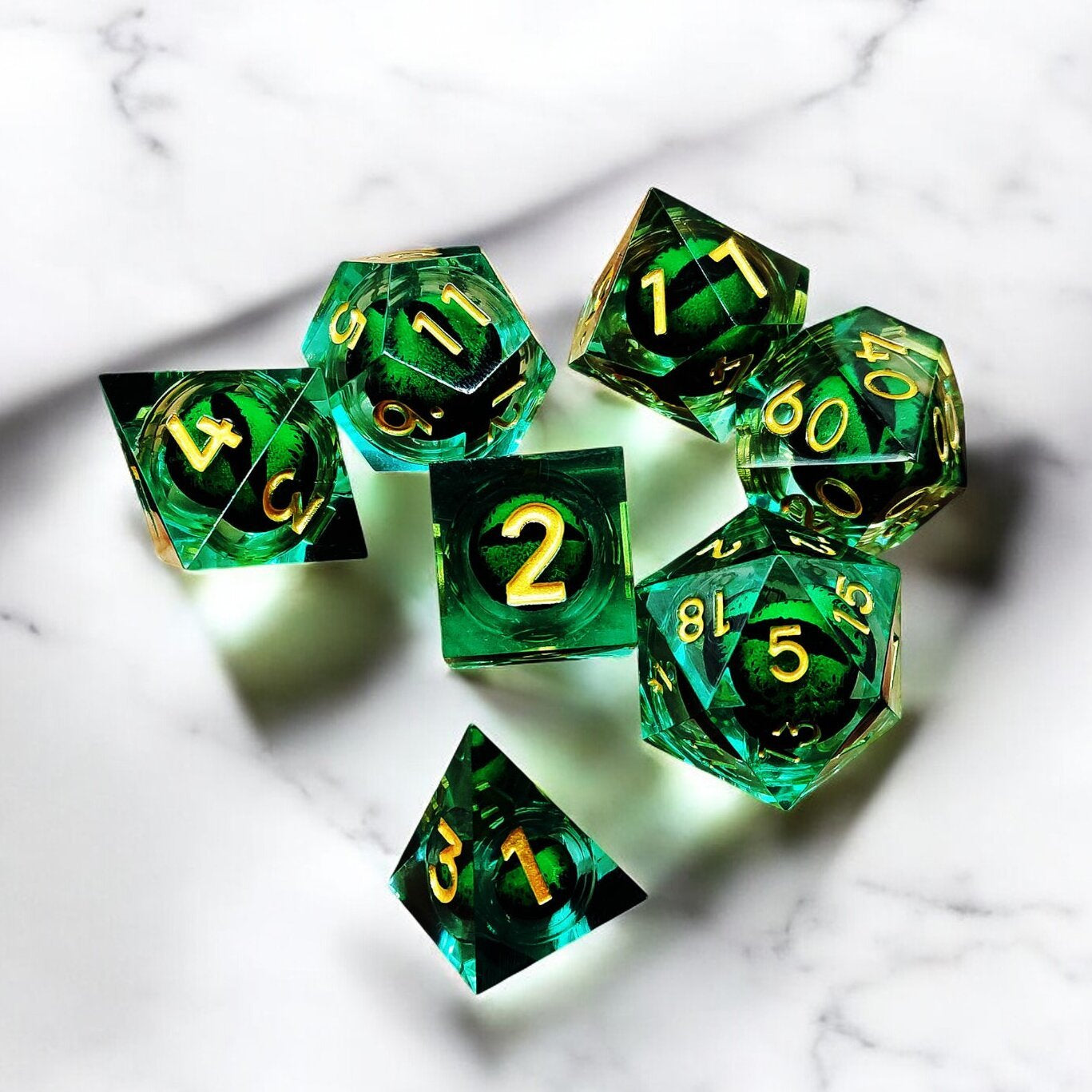 Green Emerald Abyss Dragon Eye Resin Dice with Liquid Core