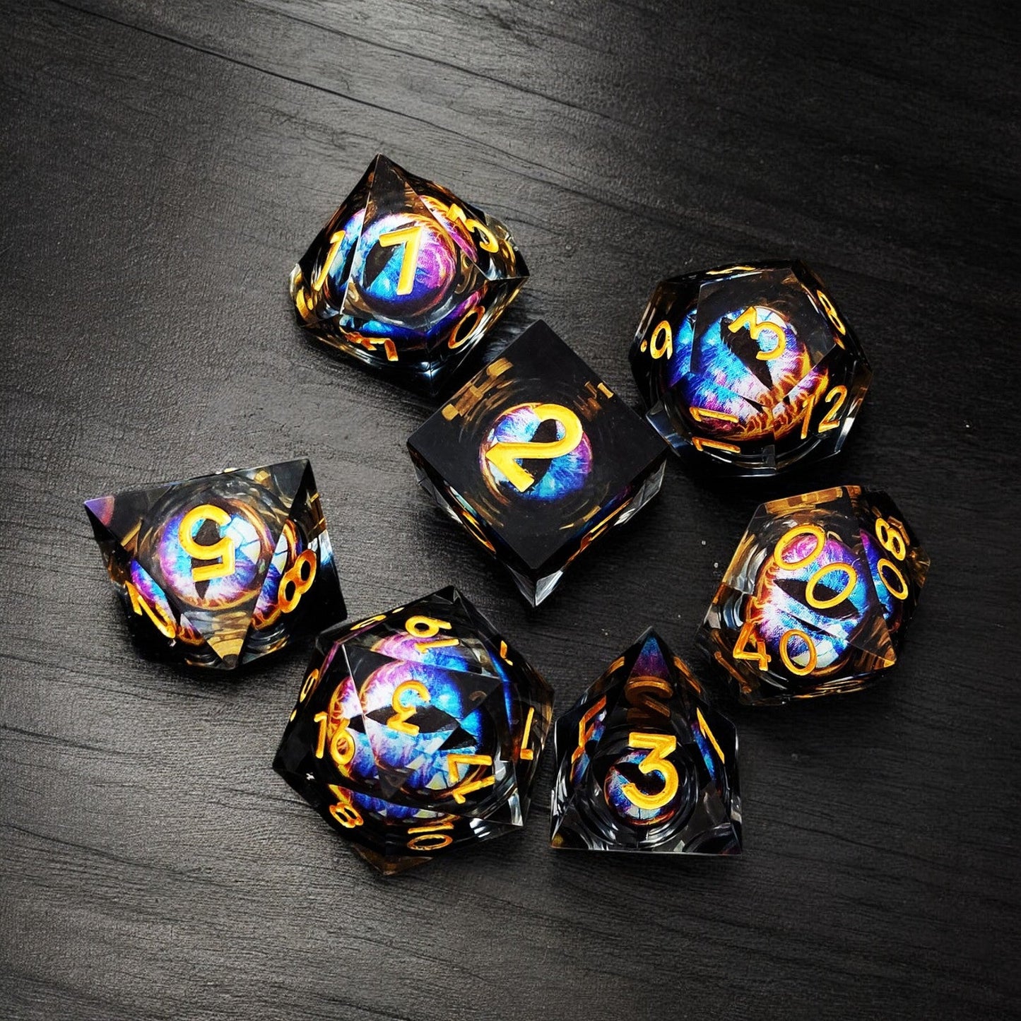 Liquid Core Resin Dice Set – Prismatic Flame Dragon Eye DnD Dice for D&D Games