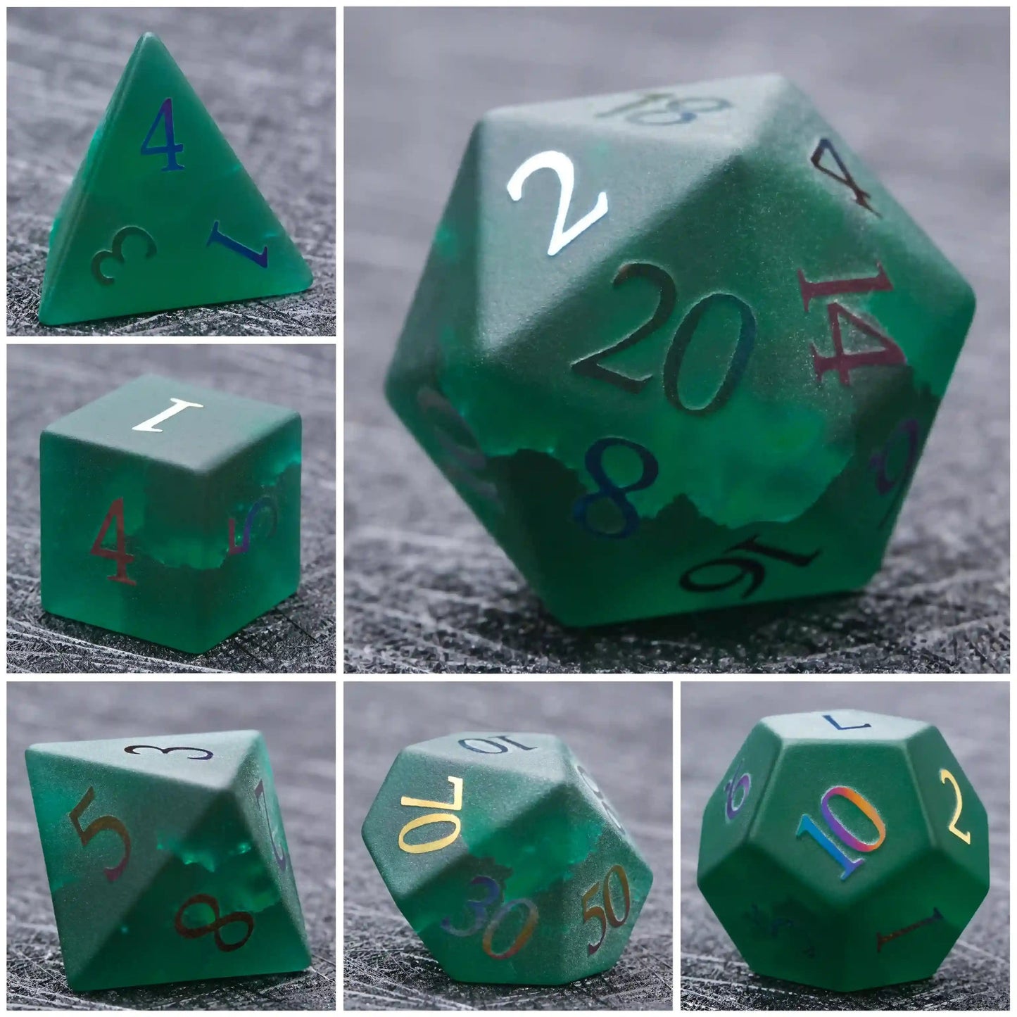 Green Glass Frosted Gem DND Dice Set with Colored Fonts