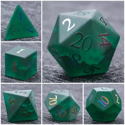 Green Glass Frosted Gem DND Dice Set with Colored Fonts