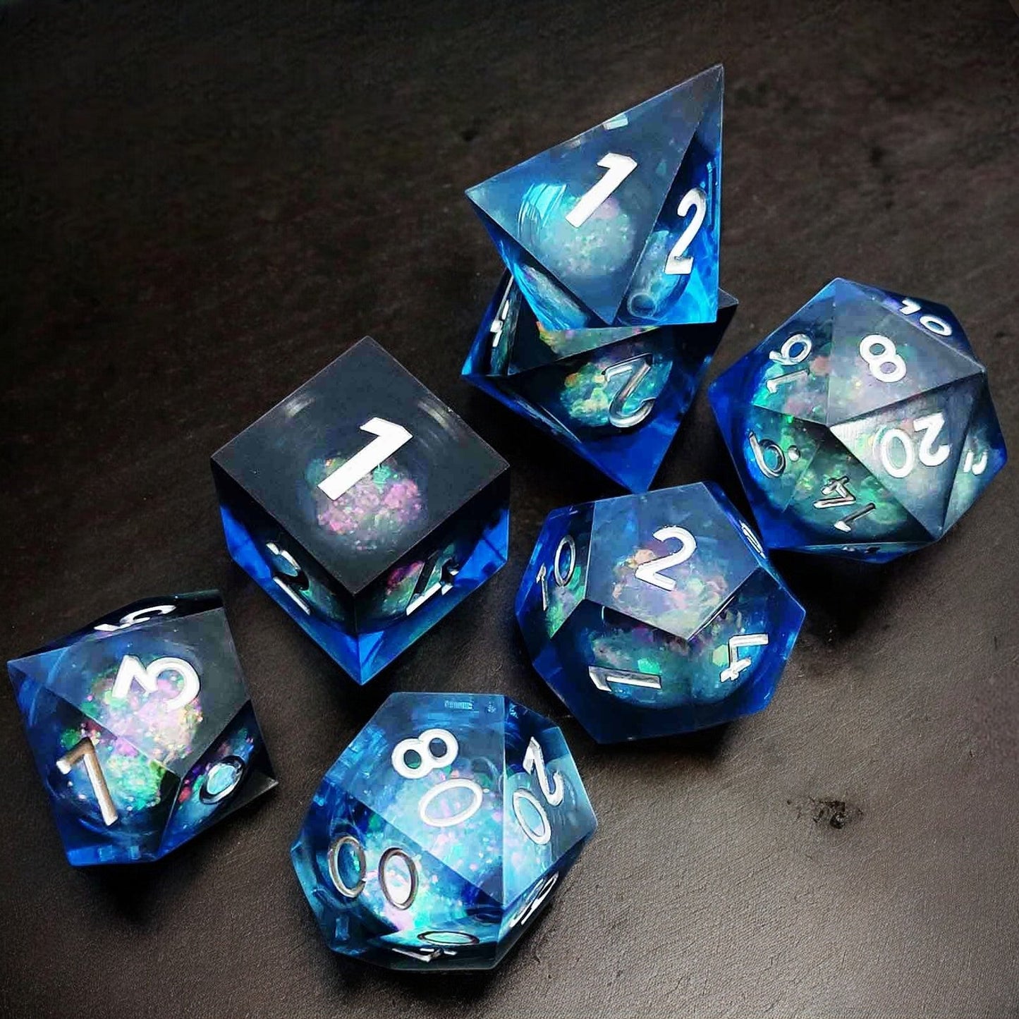 Black Blue Opal Star Resin Dice Set with Liquid Core for Dungeons & Dragons