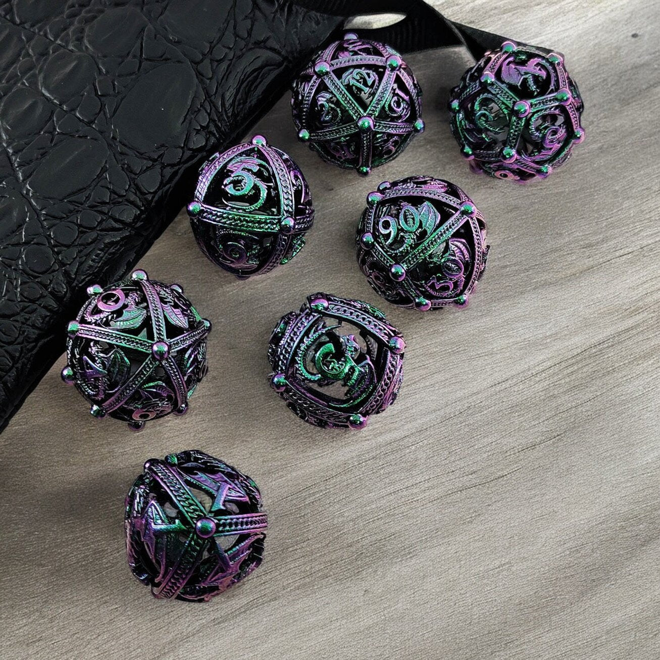 Ethereal Bloom Purple Green Gradient Hollow Metal Dice Set | DnD RPG Dice