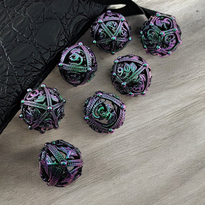 Ethereal Bloom Purple Green Gradient Hollow Metal Dice Set | DnD RPG Dice