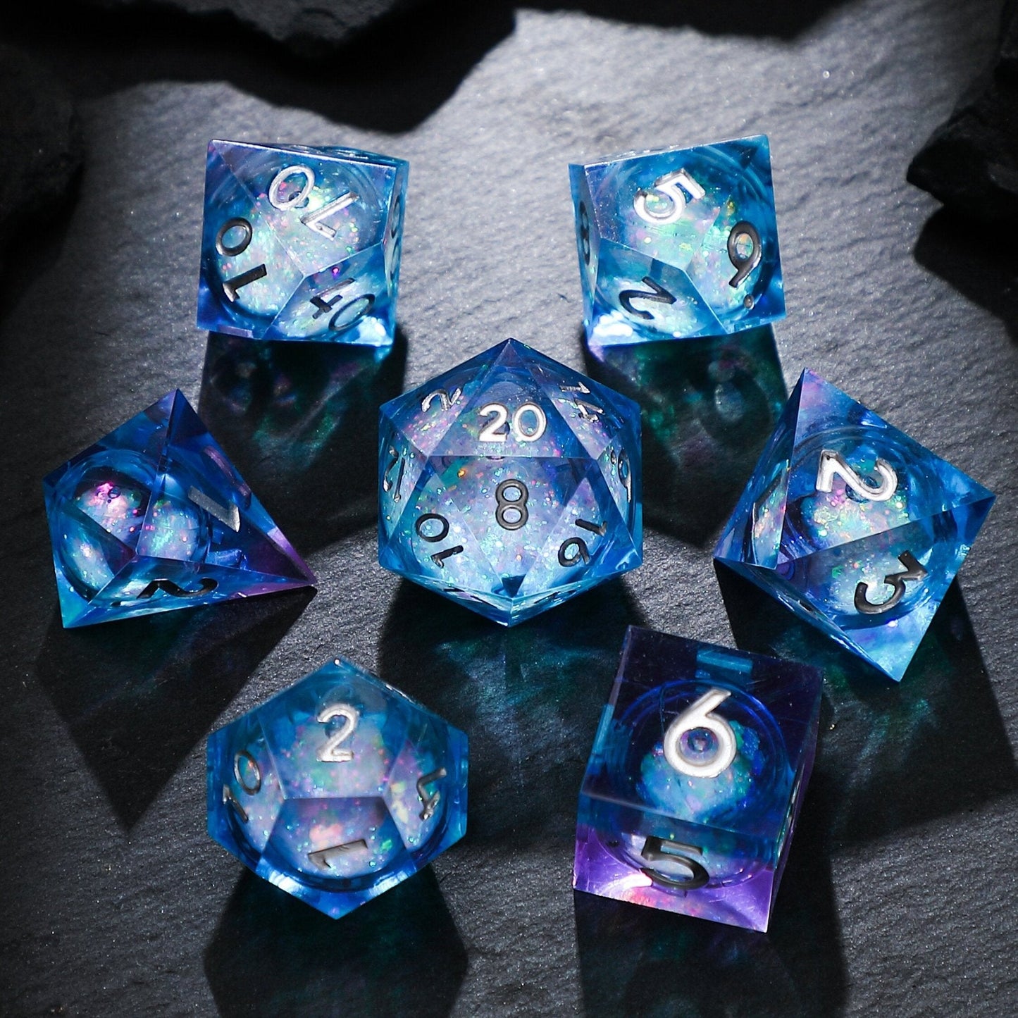 Blue Purple Celestial Sapphire Liquid Core Resin Dice Set, D&D DND Polyhedral Game Dice