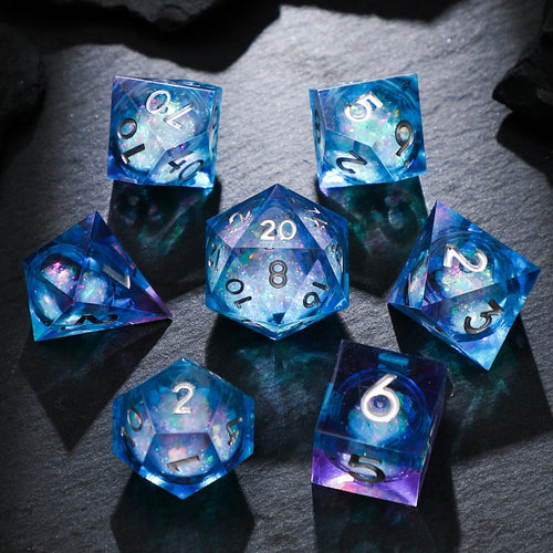 Blue Purple Celestial Sapphire Liquid Core Resin Dice Set, D&D DND Polyhedral Game Dice
