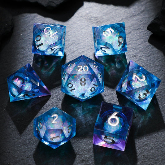 Blue Purple Celestial Sapphire Liquid Core Resin Dice Set, D&D DND Polyhedral Game Dice