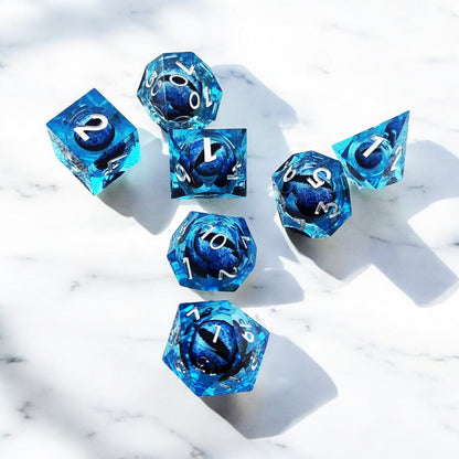 D&D Polyhedral Dice Set - Floating Frost Dragon Eye Liquid Core Resin Dice
