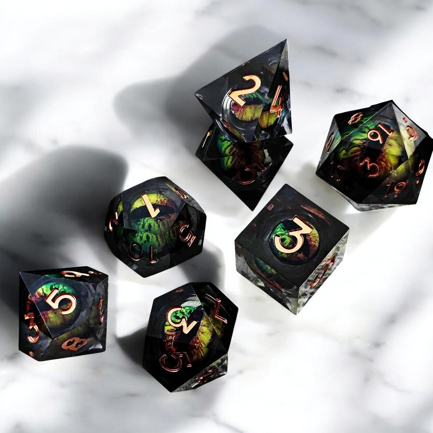 Dark Green Mystic Forest Dragon Eye Liquid Core Resin DnD Dice Set for Tabletop Role Playing Games