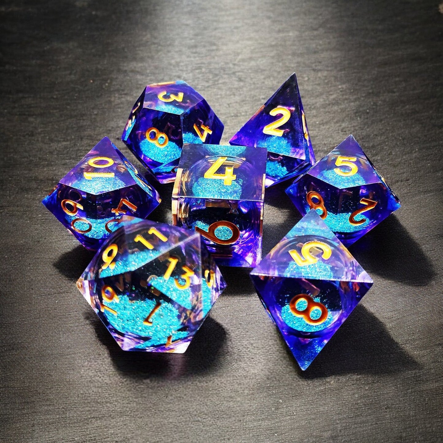 Blue Purple Gradient Nebula Twilight Liquid Core Resin D&D Dice Set