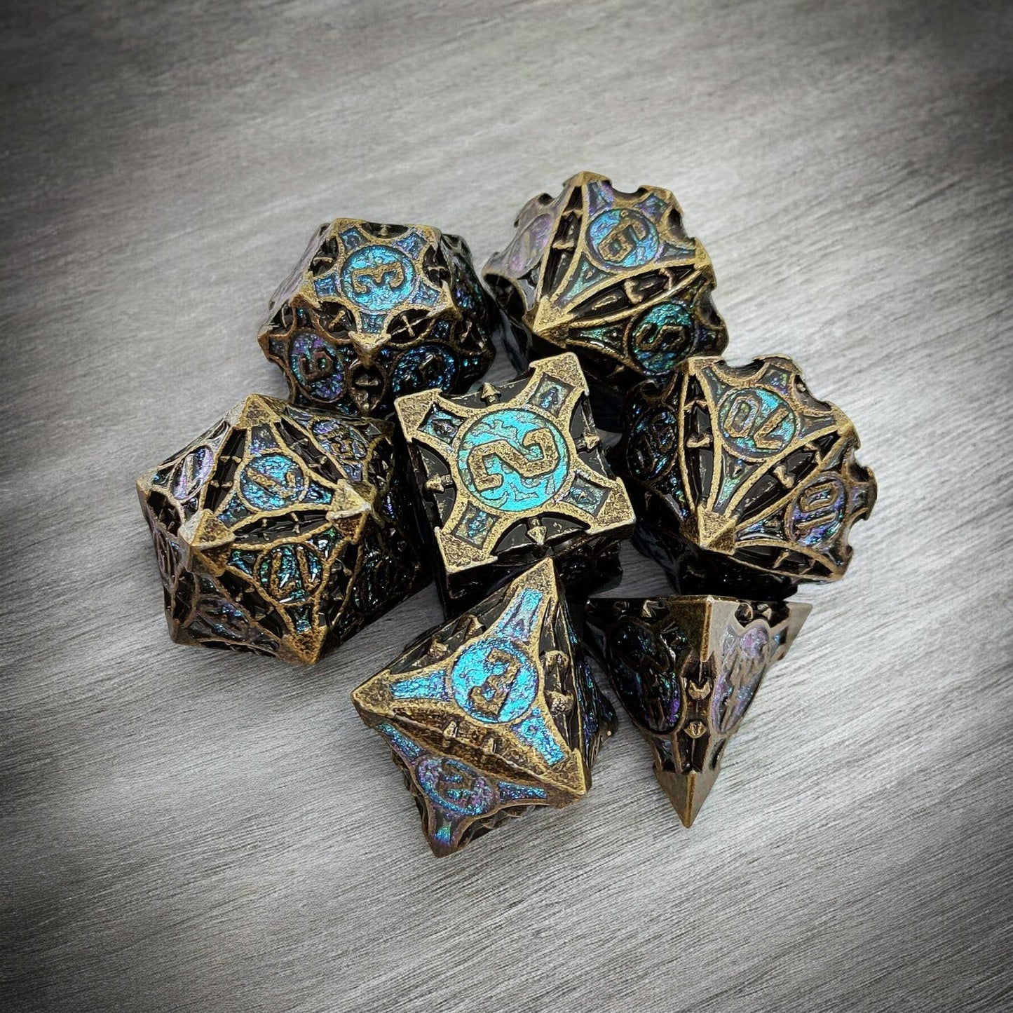 Forest Wrought Bronze & Turquoise Metal Dice Set | DnD Gaming Dice