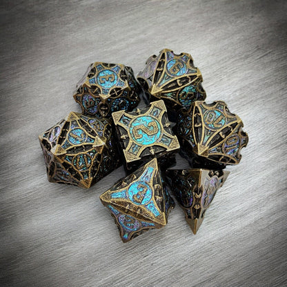 Forest Wrought Bronze & Turquoise Metal Dice Set | DnD Gaming Dice