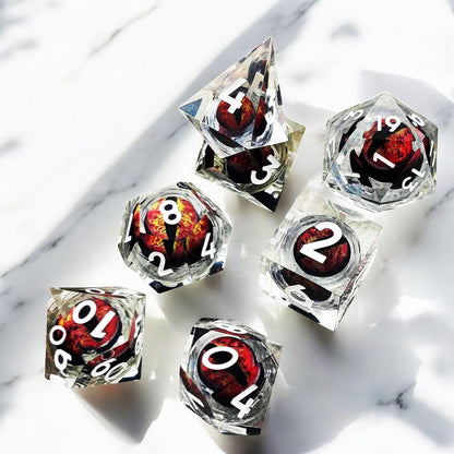 Red Transparent Infernal Orb Dragon Eye Liquid Core Resin DnD Dice Set